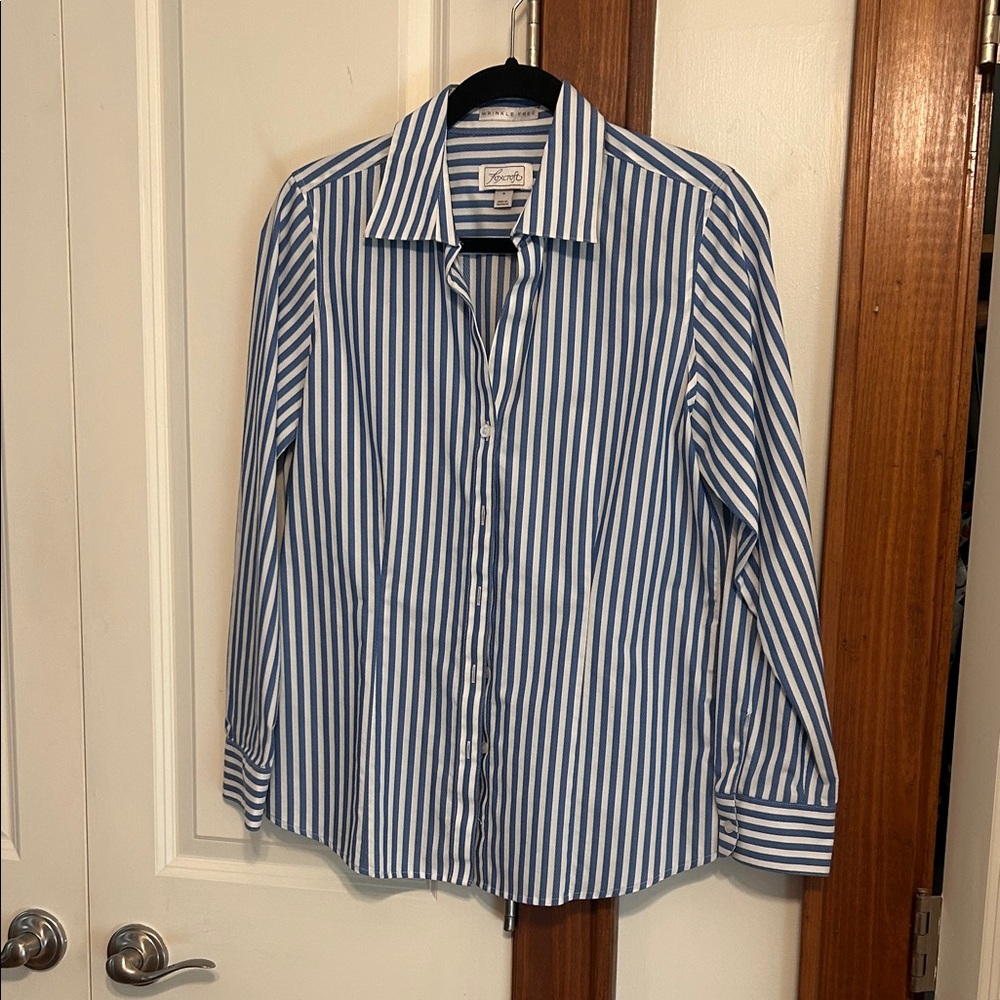 Foxcroft Blue and White Vertical Stripe Dress Shirt Wrinkle Free